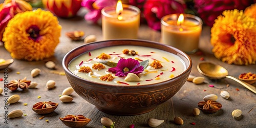 Creamy kheer with nuts, rose petals, and zest in a bowl, surrounded by candles and marigolds , kheer, creamy, rich, nuts