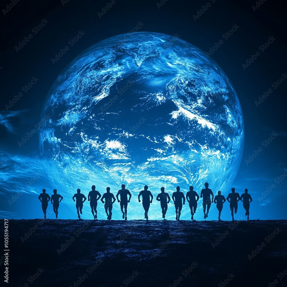 a group of runners silhouetted looking at earth a group of runners silhouetted looking at earth