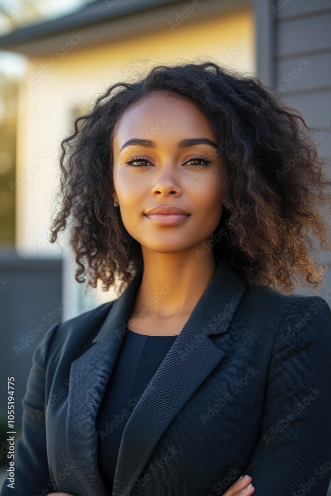 Diverse Businesswoman Smiling in Front of New House Diverse Businesswoman Smiling in Front of New House