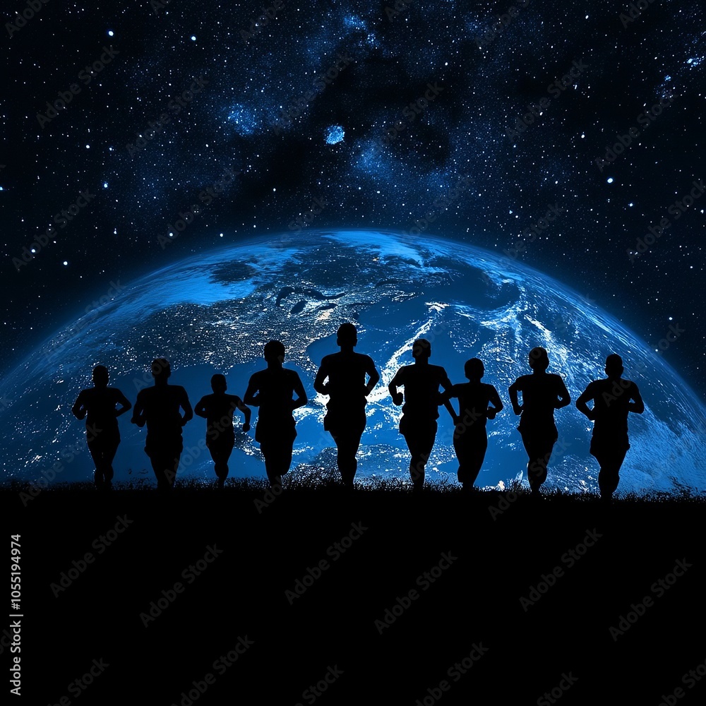 a group of runners silhouetted looking at earth a group of runners silhouetted looking at earth