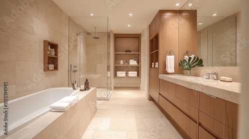 A tranquil bathroom with natural stone tiles, a large vanity with custom storage, and soft lighting that exudes understated elegance