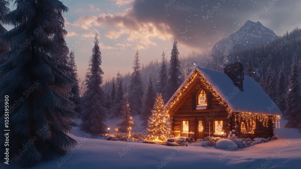 Cozy Winter Cabin in Snowy Mountain Landscape Cozy Winter Cabin in Snowy Mountain Landscape
