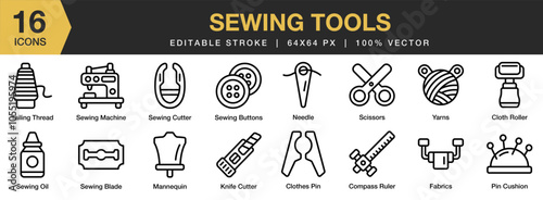 Sewing Tools icon set. Editable Stroke Icon Collection. Includes cloth roller, fabrics, Knife cutter, mannequin, scissors, and More. Outline icons vector collection.