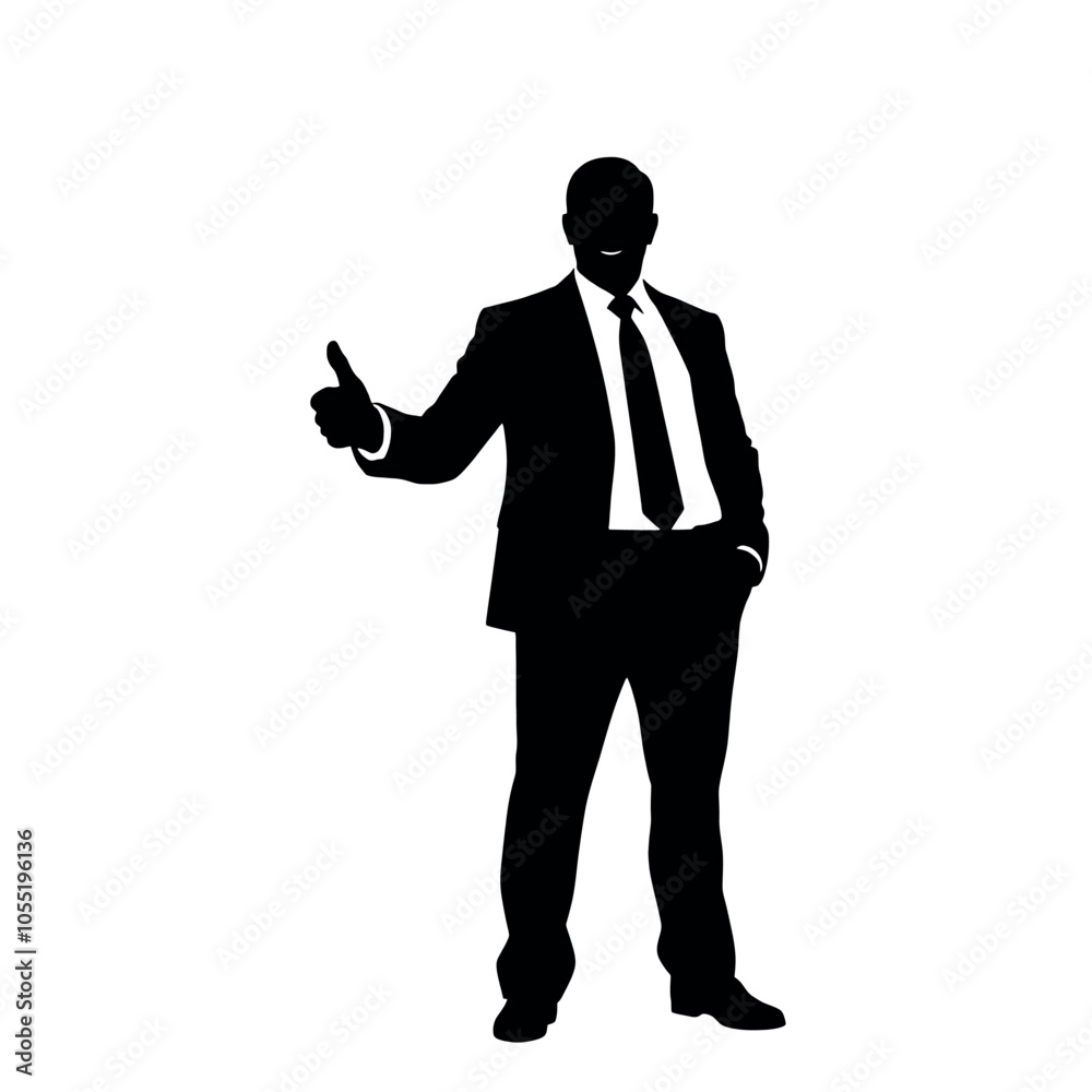 A businessman silhouette giving a thumbs-up, standing confidently with a slight smile A businessman silhouette giving a thumbs-up, standing confidently with a slight smile
