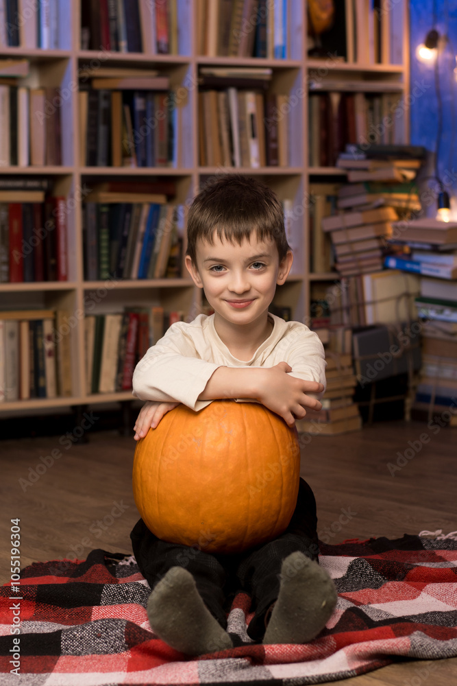 Fototapeta premium A child sitting on a checkered blanket, holding a large pumpkin. Cozy bookshelf background filled with books and string lights. Ideal for autumn and educational themes.