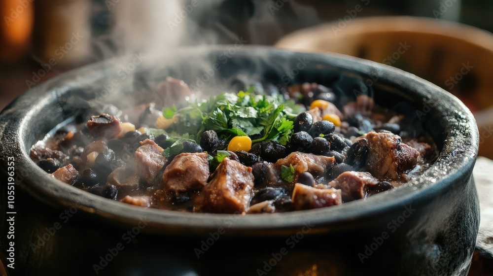 Steaming Black Bean Stew in a Clay Pot