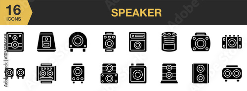 Speaker Audio solid icon set. Includes Volume, Speaker, Sound, Media, Music, Multimedia, and More. Solid icons vector collection.