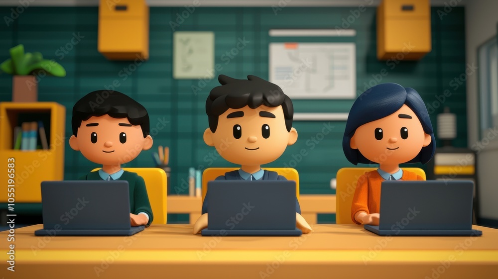 Three animated characters working on laptops in a classroom, focusing on learning and collaboration in a modern educational environment. Three animated characters working on laptops in a classroom, focusing on learning and collaboration in a modern educational environment.