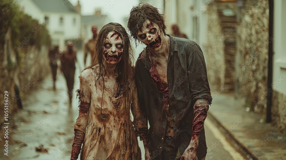 Zombies roam a desolate street in a post-apocalyptic town at dusk Zombies roam a desolate street in a post-apocalyptic town at dusk