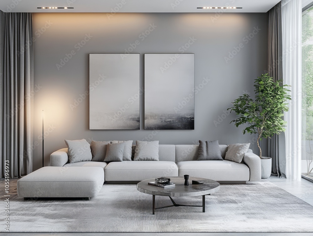 Family room with gray walls, light gray furniture, and minimal accessories for a sleek, monochrome vibe Family room with gray walls, light gray furniture, and minimal accessories for a sleek, monochrome vibe