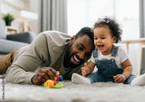 Obraz na płótnie Father and baby daughter laughing and playing together with colorful toys at home w salonie
