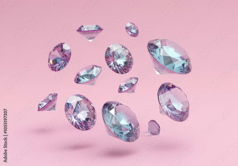 Multiple round cut diamonds falling against a vibrant pink backdrop, creating a luxurious and elegant atmosphere Multiple round cut diamonds falling against a vibrant pink backdrop, creating a luxurious and elegant atmosphere