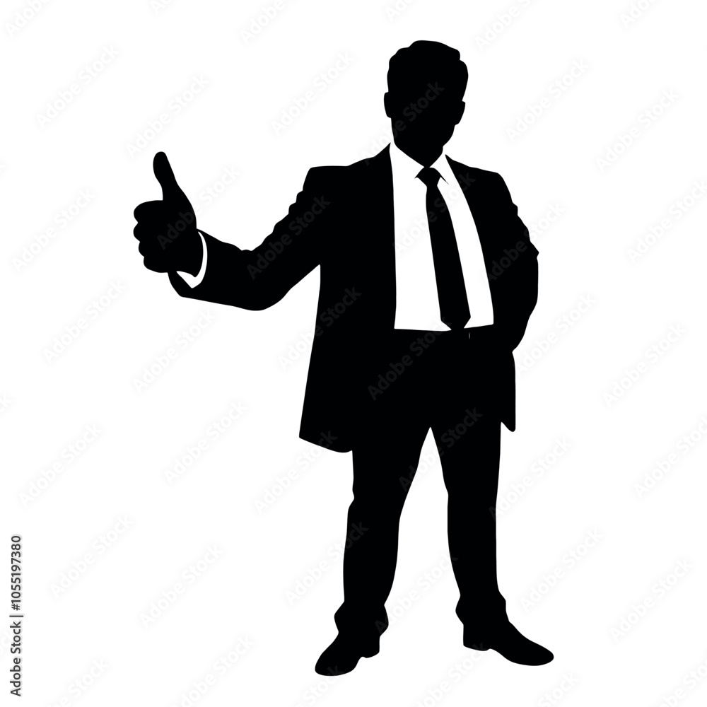 A businessman silhouette giving a thumbs-up, standing confidently with a slight smile A businessman silhouette giving a thumbs-up, standing confidently with a slight smile