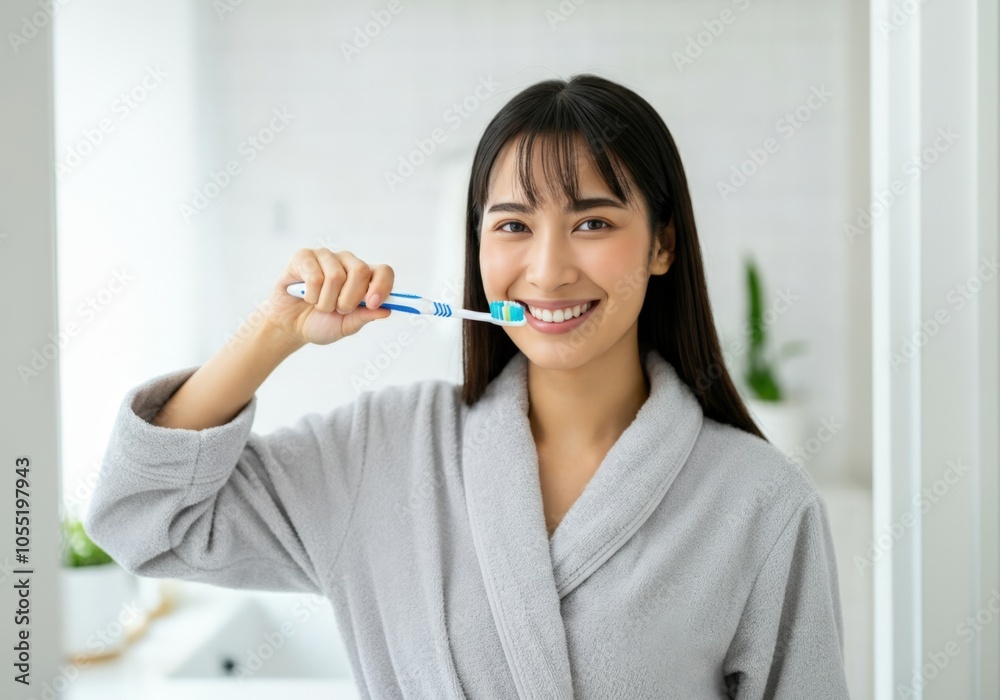 Beautiful young woman brushing her teeth in the bathroom wearing bathrobe in the morning Beautiful young woman brushing her teeth in the bathroom wearing bathrobe in the morning