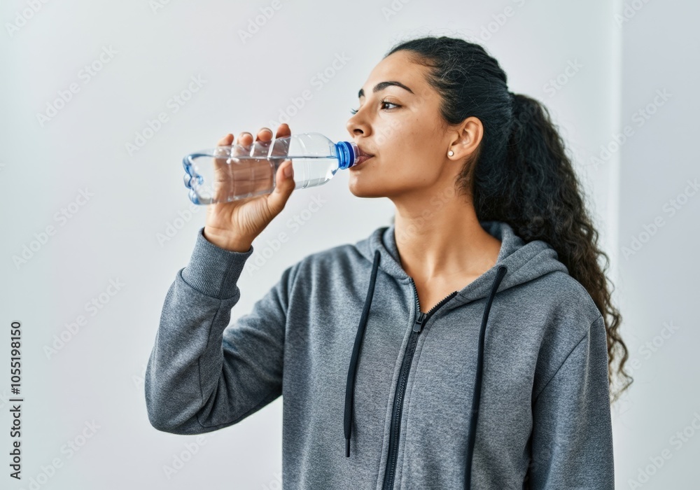 Young woman wearing sportswear drinking fresh water from plastic bottle after training Young woman wearing sportswear drinking fresh water from plastic bottle after training
