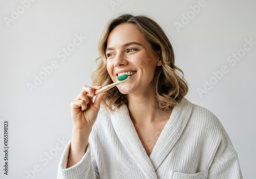 Woman wearing bathrobe brushing her teeth with a wooden toothbrush, promoting oral hygiene and eco-friendly dental care