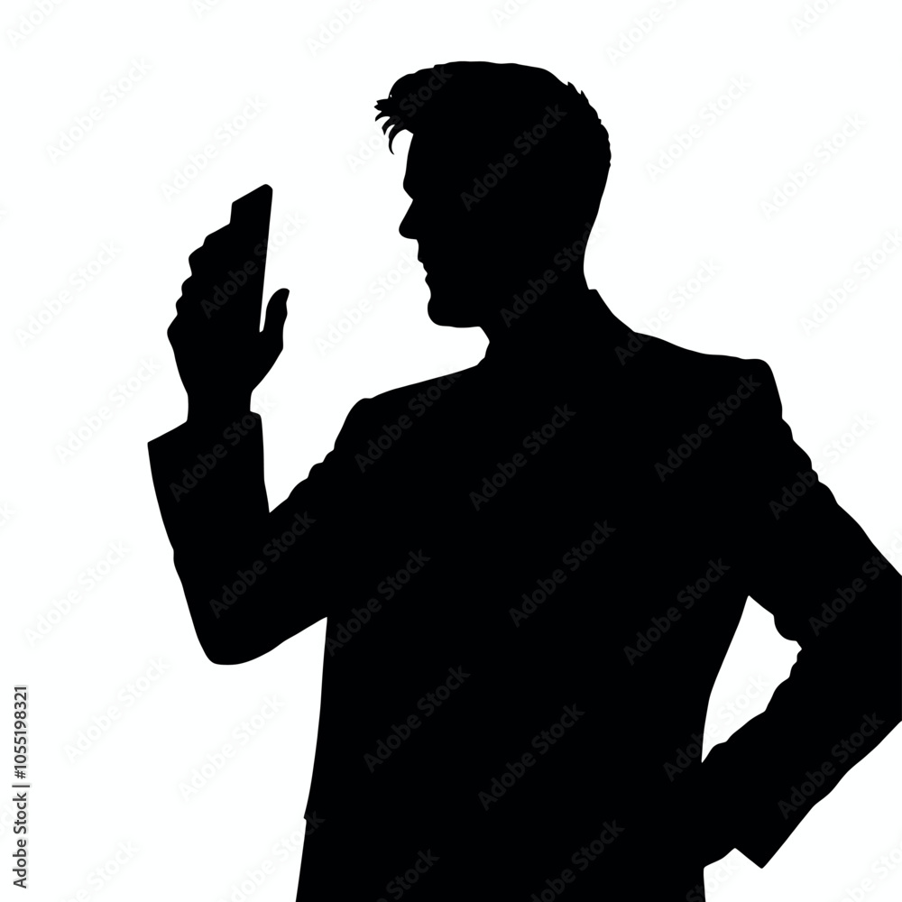 A businessman silhouette holding a phone and gesturing with one hand as if talking animatedly A businessman silhouette holding a phone and gesturing with one hand as if talking animatedly