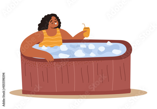 Black woman taking ice pod bath for muscle relaxation and rejuvenation concept.