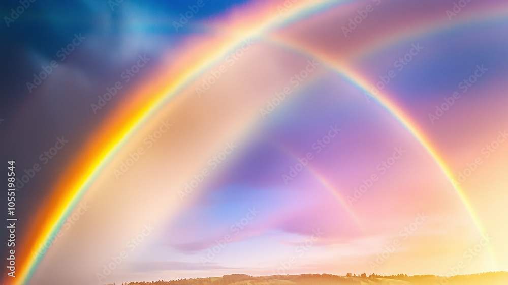 A stunning double rainbow arches over a serene landscape, lighting it up with vibrant colors after rain A stunning double rainbow arches over a serene landscape, lighting it up with vibrant colors after rain