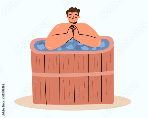 Man meditating during cryotherapy concept.
