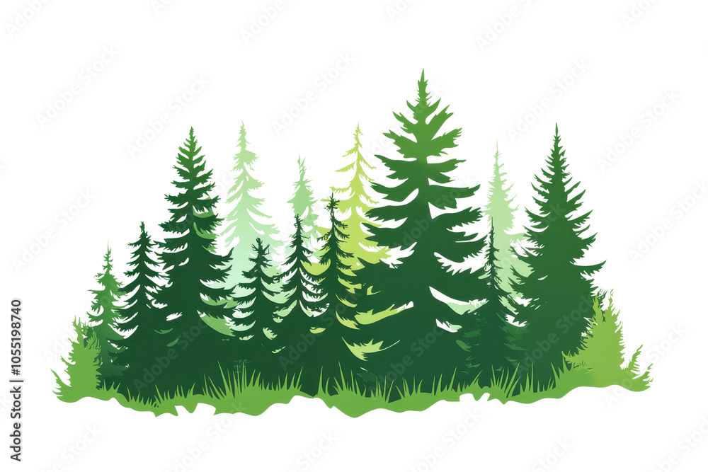 Obraz premium Illustrated evergreen forest with lush pine trees and vibrant greenery, capturing the essence of nature and tranquility.