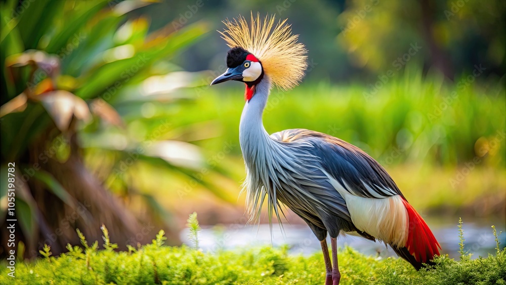 Fototapeta premium Majestic grey crowned crane standing in its natural habitat, wildlife, bird, Africa, savannah, nature