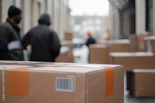 Close-Up of Shipping Packages with Workers Behind