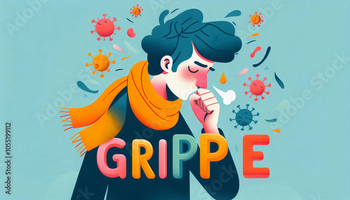Illustration of a person with a scarf, coughing, with the word 