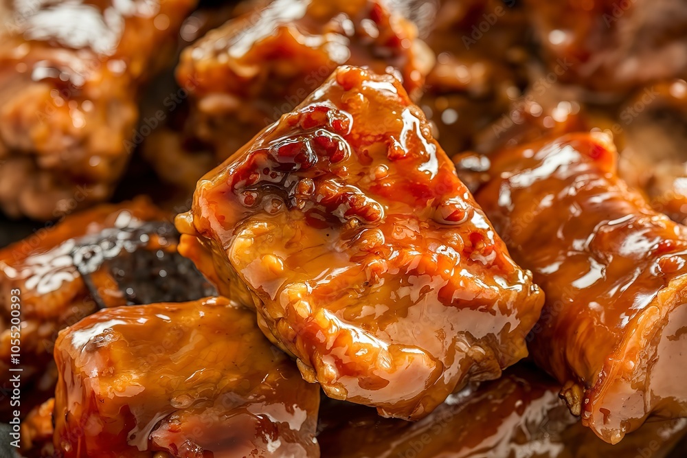 a plate of golden-brown glazed pork meat pieces a plate of golden-brown glazed pork meat pieces