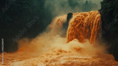 2410 108.A striking image of flash floods hitting a waterfall in Mae Hong Son, Thailand, with cloudy, red-orange water tumbling down the rocks. The dense forest surrounding the waterfall is soaked