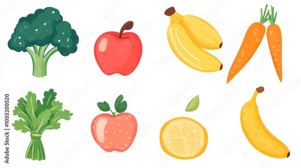 Clipart flat art style icon, Colorful Flat Art Icons of Fruits and Vegetables Clipart flat art style icon, Colorful Flat Art Icons of Fruits and Vegetables