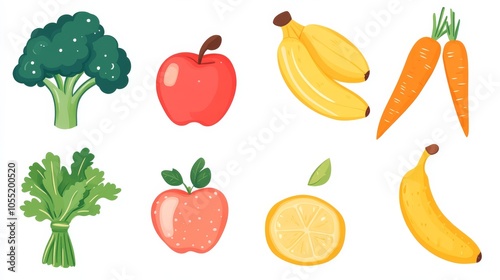 Clipart flat art style icon, Colorful Flat Art Icons of Fruits and Vegetables