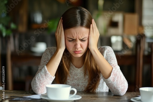 Young woman sitting at table in cafe, covering her ears with hands and grimacing, ignoring surrounding noise photo