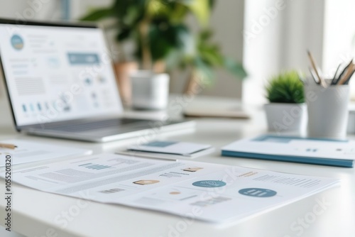 Brochures and brand icons on minimalist white table, professional office space