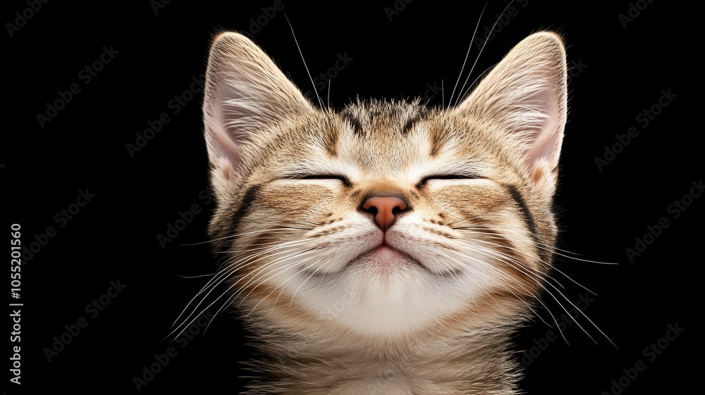A close-up of a contented cat with eyes closed, surrounded by a dark background, exuding a sense of peace and happiness. A close-up of a contented cat with eyes closed, surrounded by a dark background, exuding a sense of peace and happiness.