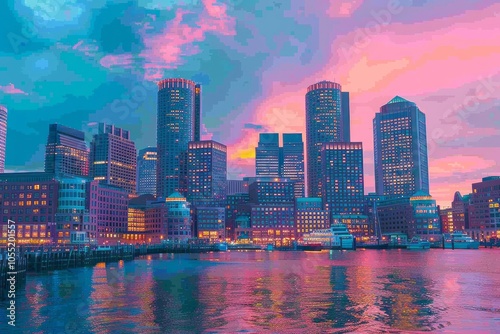 City Skyline at Twilight with illuminated buildings and a glowing sky. AI generative