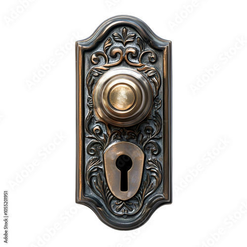 Vintage ornate door knob with keyhole isolated on transparent background, PNG