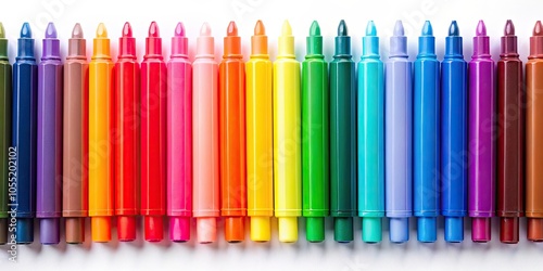 Colorful markers in a row on a white background, markers, colorful, vibrant, art supplies, stationery, drawing