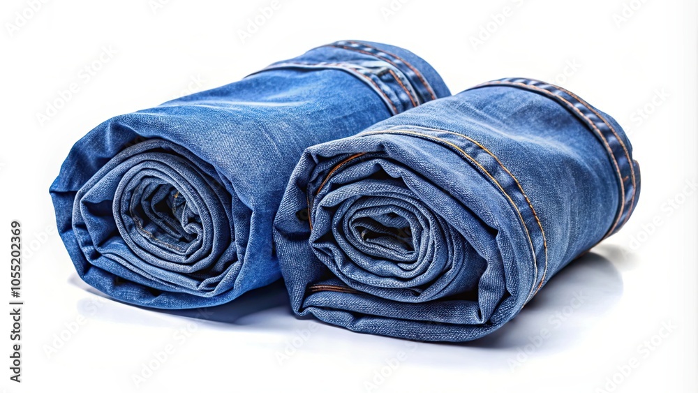 Rolled blue cotton denim jeans on white background, denim, jeans, fashion, clothing, casual, blue, cotton, rolled, folded Rolled blue cotton denim jeans on white background, denim, jeans, fashion, clothing, casual, blue, cotton, rolled, folded