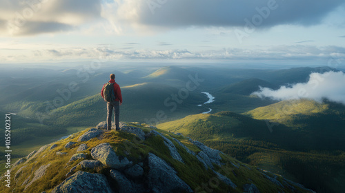 man standing on mountain peak, looking out over vast landscape, surrounded by lush greenery and rolling hills. scene evokes sense of adventure and tranquility