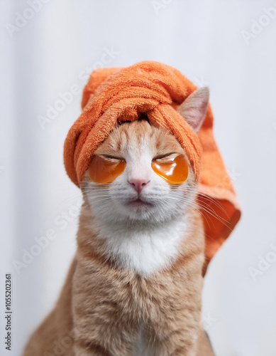 Creative concept photo of orange red pet cat with towel on head and beauty treatment products cosmetic eye patches.