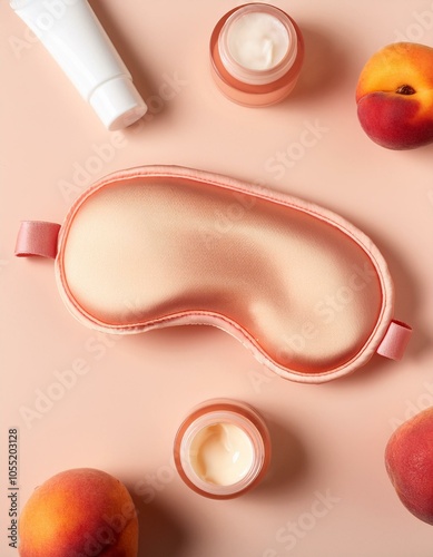 Creative concept photo of sleeping mask fruits berries peaches cosmetic cream beauty treatment on pink background.