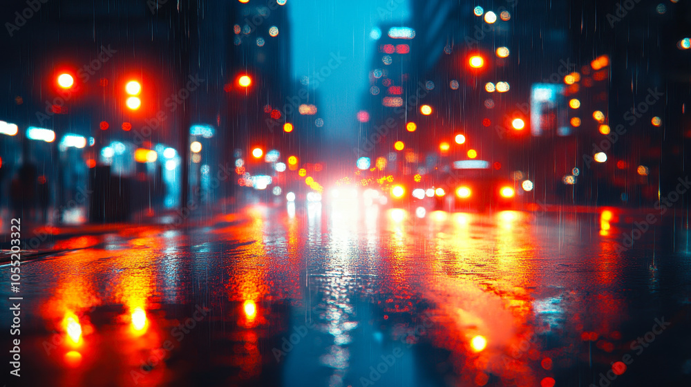 Vibrant Urban Night Scene with Defocused Red and Yellow Lights on Rainy Street Vibrant Urban Night Scene with Defocused Red and Yellow Lights on Rainy Street