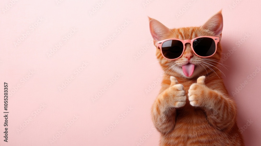 A playful cat wearing sunglasses strikes a fun pose against a pink background, showing enthusiasm with its thumbs up.
