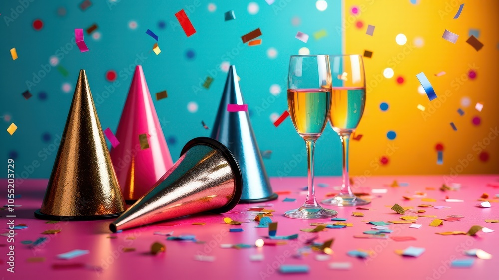 Party hats and two champagne glasses on a vibrant table, surrounded by colorful confetti, creating a festive atmosphere with bright hues. Party hats and two champagne glasses on a vibrant table, surrounded by colorful confetti, creating a festive atmosphere with bright hues.