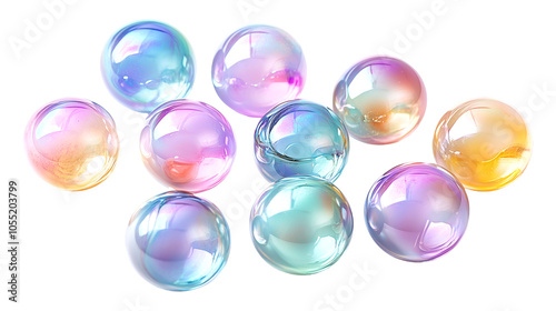 Colorful soap bubbles set isolated on transparent background, PNG