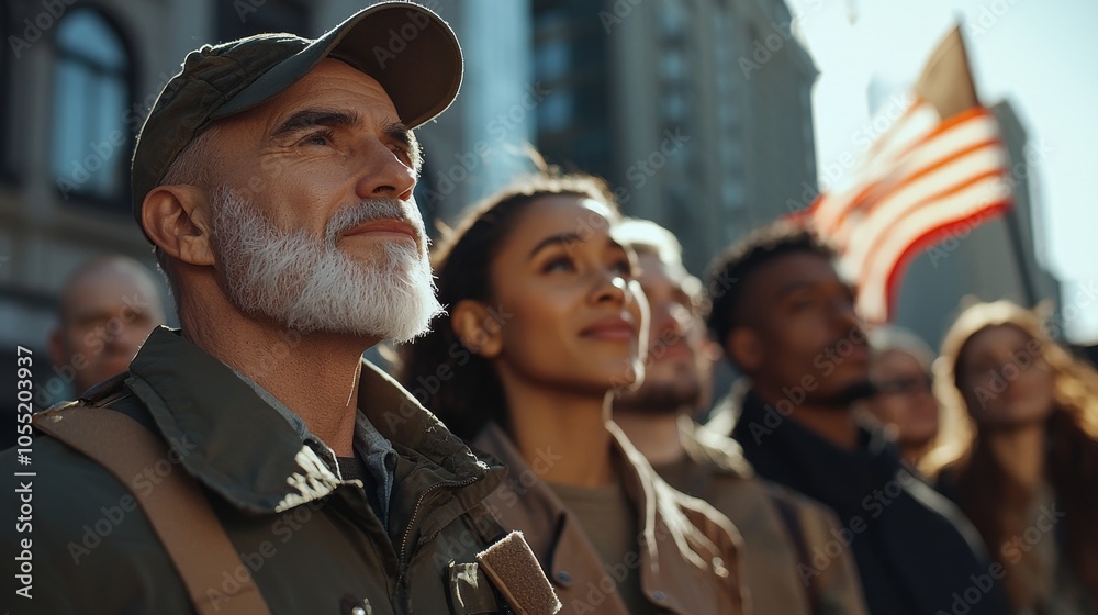 Obraz premium A diverse group of individuals looking up, showcasing solidarity, determination, and patriotism against a city backdrop with an American flag.