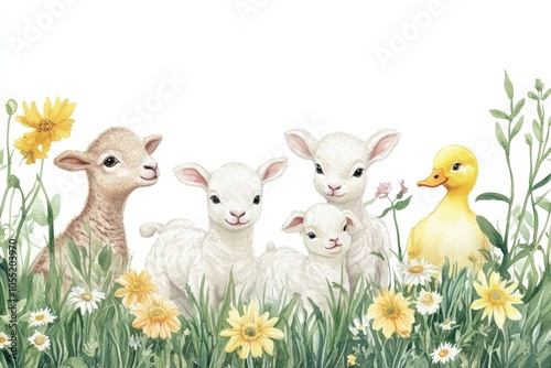 Watercolor illustration of baby lambs and a duckling enjoying a sunny day in a field of wildflowers photo