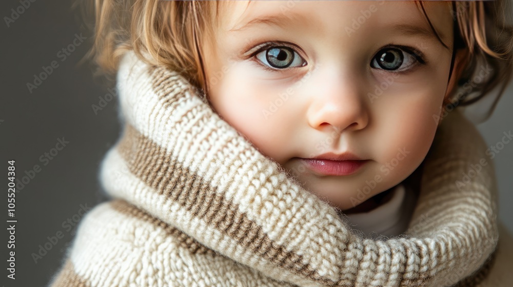 Cute Child Wrapped in Cozy Sweater Smiling Softly Cute Child Wrapped in Cozy Sweater Smiling Softly