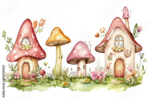 Fototapeta Naklejka Na Ścianę i Meble -  Whimsical watercolor painting featuring charming fairy houses nestled among colorful mushrooms and wildflowers in a vibrant meadow
